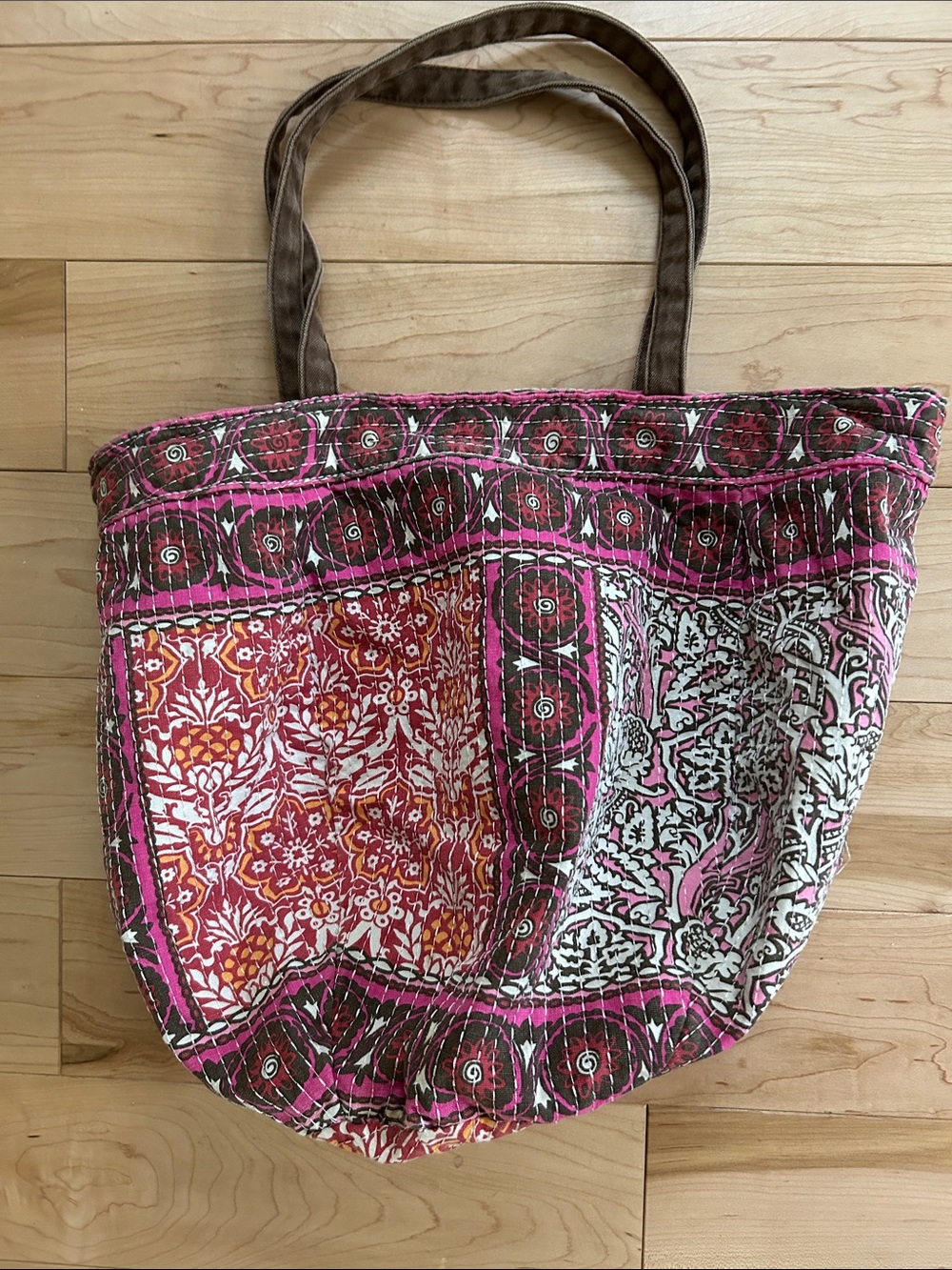 Patterned Pink & Brown Quilted Tote Bag